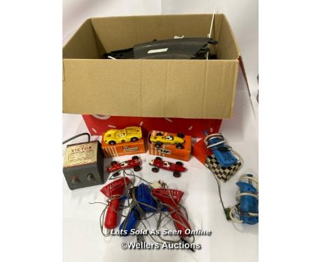 Four vintage V.I.P Raceways track cars, two boxed with three Scalextric controllers, two M.R.R.C. controllers (one boxed), Vi