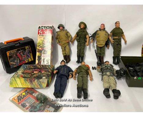 Assorted Action Man figures, mostly modern with spare boots, lunch box, watch and vintage patrol patches empty box / AN1 