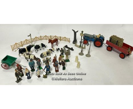 Collection of mainly Britain's farming figures including animals, tractor, fences and lampposts / AN5 