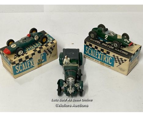 Three vintage Scalextric cars including boxed C-66 Cooper, boxed C-67 sports car and unboxed Bentley MM/C64 / AN12 