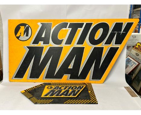 Two Action Man shop signs c1990s, largest 120 x 59cm / AN16  