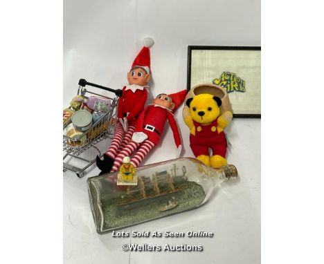 Small collection of mixed toys including M&amp;S miniature shopping trolly with food, elf on a shelf dolls, Sooty and London 