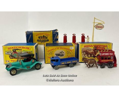 Vintage Matchbox Models of Yesteryear including Moko Lesney accessory pack no.1 Esso gas pumps and sign, Lesney Y-12 Lipton's