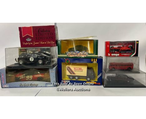 Eight assorted boxed model vehicles including Corgi Ford cargo box van, Hot wheels Carrera Ferrari  250 GT, Matchbox Anheuser