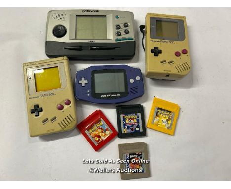 Three vintage hand held Game Boy consoles, all as found with three Pokémon games and Bad 'n' Rad game, also with a Tiger Game