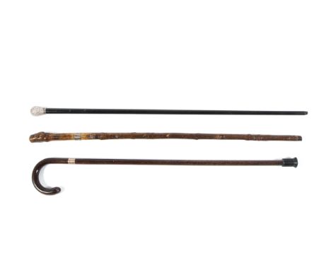 Three walking sticks. To include an Edwardian ebonised walking cane with silver knot, a country walking stick with silver col