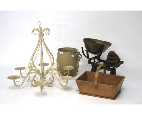 An assortment of collectables. Comprising a set of scales, a wooden basket, six branch chandelier and a pottery vase