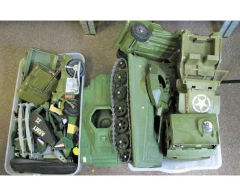 An assortment of vintage Action Man vehicles. Including a Scorpion tank, two jeeps, two planes, etc