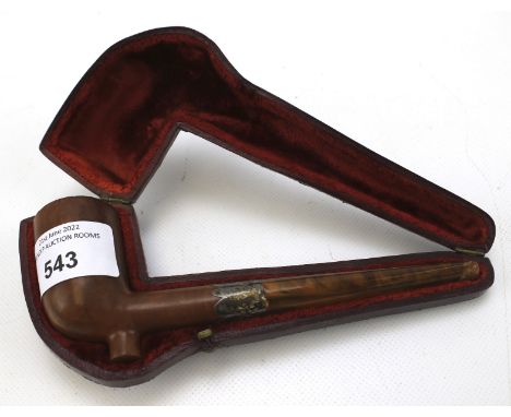 A George V silver mounted pipe with amber mouth piece. Hallmarked Birmingham 1911, in a fitted leather case