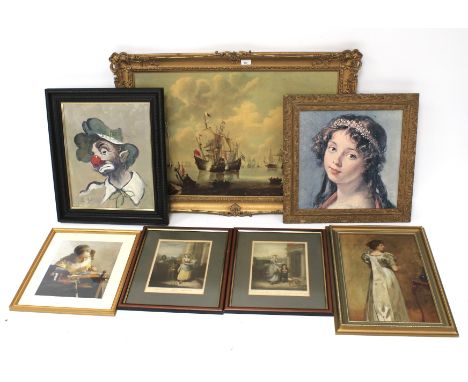 An assortment of pictures and prints. To include a large battle seascape in gilt frame, 78cm x 50cm