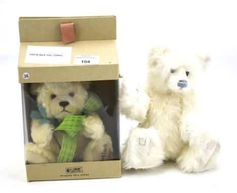 A Steiff teddy bear (boxed) and a Charlie Bear. The Steiff bear numbered 725951, the Charlie bear with white fur and paws, H2