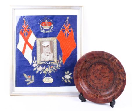 A military silk scene and a cloth bowl. The first with a photographic portrait of Graham Knox, Age 16, Gunner on HMS Swiftsur