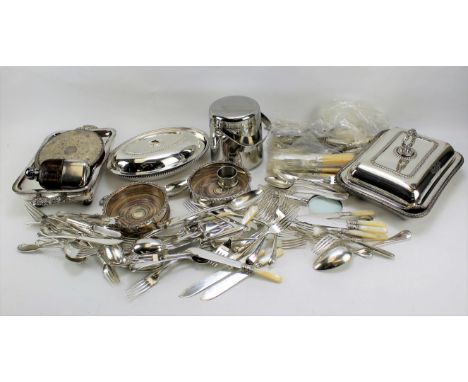 An assortment of silver plate. To include two wine bottle coasters, a leather mounted glass hip flask by James Dixon &amp; So