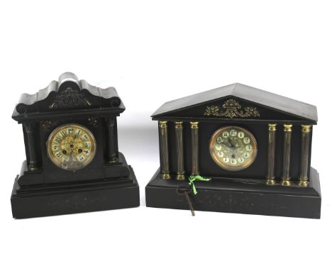 Two Late Victorian slate mantel clocks. Each of architectural temple form, one with fluted gilt-metal column supports, each w