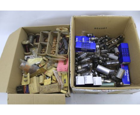 Two boxes of vintage and modern radio valves and spares