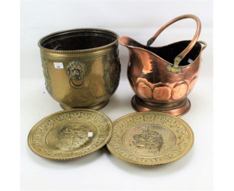 Assorted brass and metalware. To include a 19th century helmet coal scuttle, 29cm high, two hammered copper dishes, etc