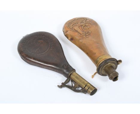 A brass powder flask and a leather shot flask. The brass flask stamped 'J Barlow patent', the largest 22cm long