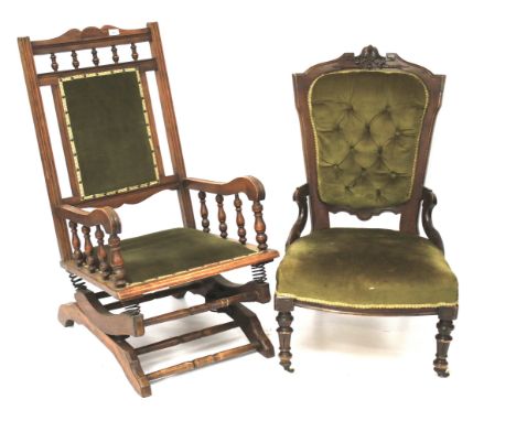 Two early 20th century mahogany chairs. One with a carved frame and a button back, raised on turned supports with casters, H1