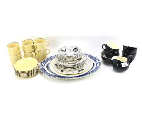 An assortment of ceramics and glassware. Including a set of Poole cups and saucers, a Ridgway part tea service in the 'Homema