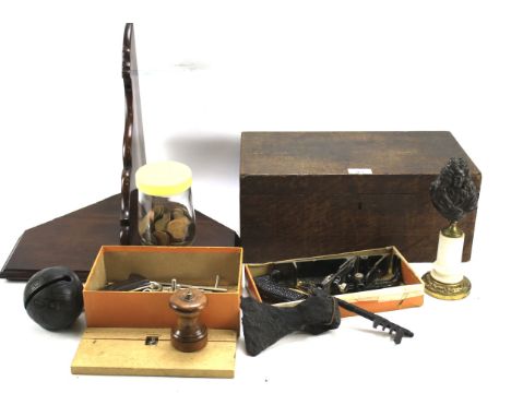 An assortment of collectables. Including a wall bracket, mahogany box, miniature bust and a jar of coins