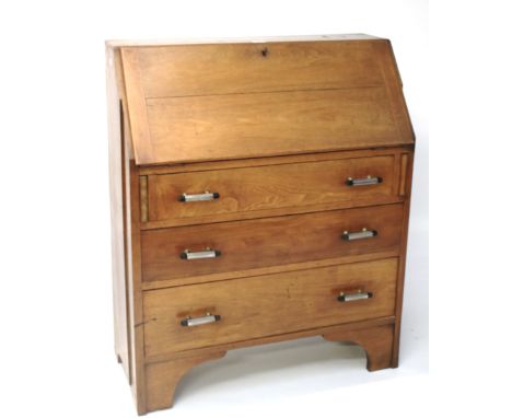 A 20th century mahogany bureau. The upper section opening to reveal a fitted interior, the lower section with three long draw
