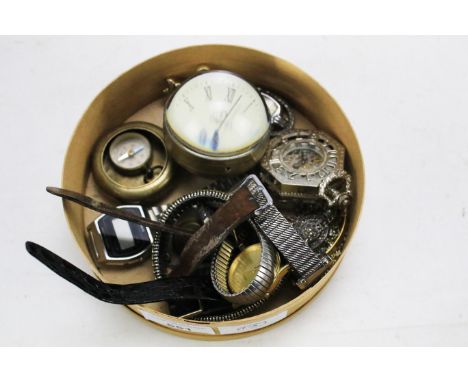 A box of vintage watches and a compass. The watches including Citron, Pulsar, the  globe shaped glass compass bearing Omega m