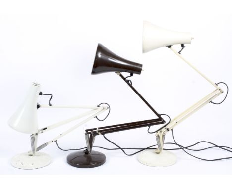 Three anglepoise table lamps in brown cream and white. Bearing angelpoise lighting labels. Largest H90cm