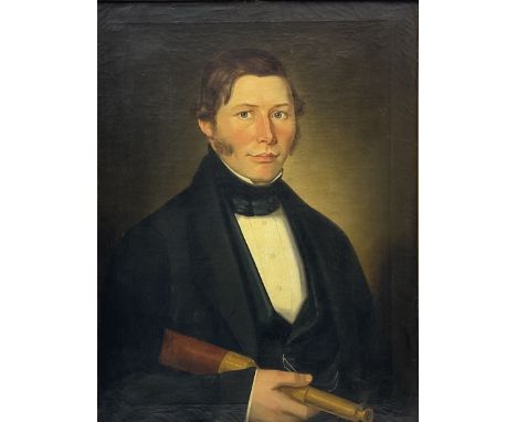 English School (Mid 19th century): 'Capt. Mark Weighill of the Brig Aid of Whitby' half length portrait holding a telescope, 