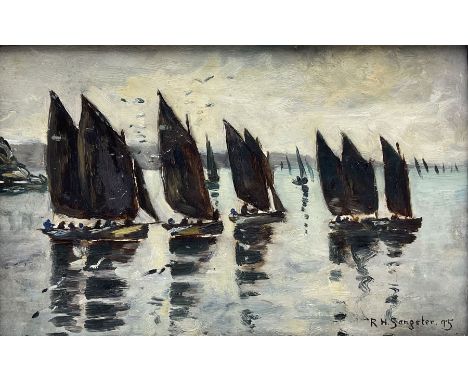 R H Sangster (Late 19th century): Cornish Fishing Boats Setting out to Sea, oil on board signed and dated '95, 18cm x 29cmCon