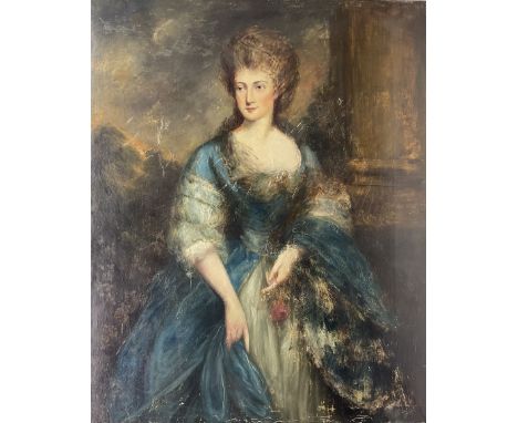 English School (18th century): Full length Portrait of a Lady in Blue Dress, oil on canvas unsigned 127cm x 102cm (unframed)C