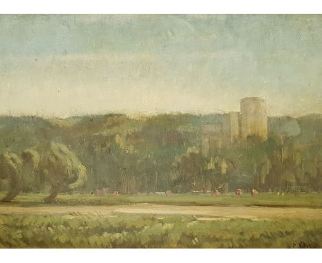 Paul Paul (Staithes Group 1865-1937): Castle with Cattle Grazing by the River, oil on mahogany panel signed, artist's studio 