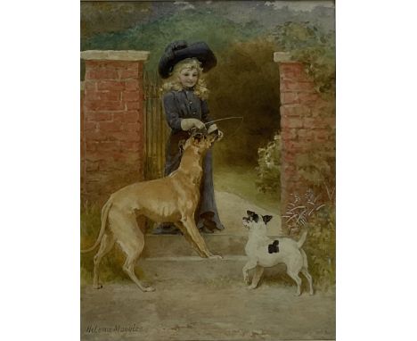 Helena Maguire (British 1860-1909): Girl at the Garden Gate with Two Dogs, watercolour signed 28cm x 21cmCondition Report:Ver