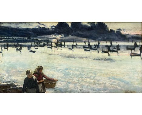 Giuseppi L Ciapelli (Exh.1884-1889): Cornish Fishing Boats - Early Morning, oil on canvas signed, inscribed on stretcher 20cm