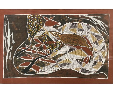 Abraham Dakgalawuy (Arnhem Land Australia 1975-): Aboriginal Abstract Kangaroo, gouache, with polaroid of the artist holding 