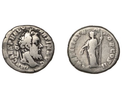 Roman Imperial Coinage, Pertinax, Denarius, 193, laureate bust right, rev. Lætitia standing left, holding sceptre and wreath,