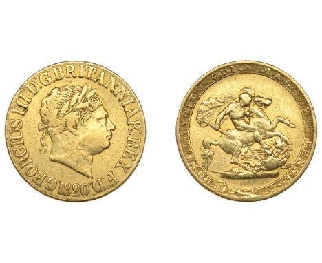 George III (1760-1820), New coinage, Sovereign, 1820, closed 2 (M 4B; S 3785C). Good fine, rare £500-£600