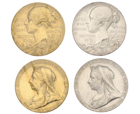 Victoria, Diamond Jubilee, 1897, small gold and silver medals by G.W. de Saulles, veiled bust left, rev. young bust left, 26m