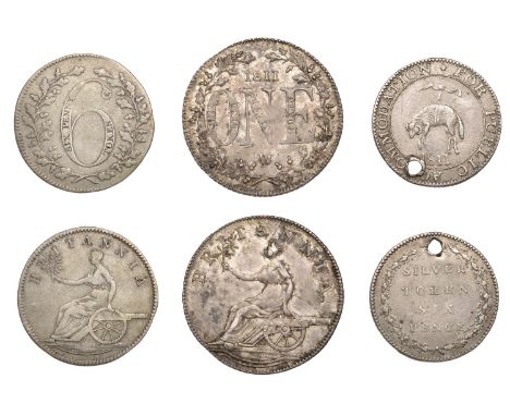 Not Local: British, Westwood’s Shilling, 1811, 4.11g/6h (D 10), Sixpence, 1811, 2.05g/6h (D 18); uncertain manufacturers, ‘Fo