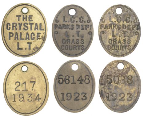 LONDON, Crystal Palace, The Crystal Palace L[awn] T[ennis], oval brass, stamped 217 1934, 39 x 32mm (Allen 1931/010); L[ondon