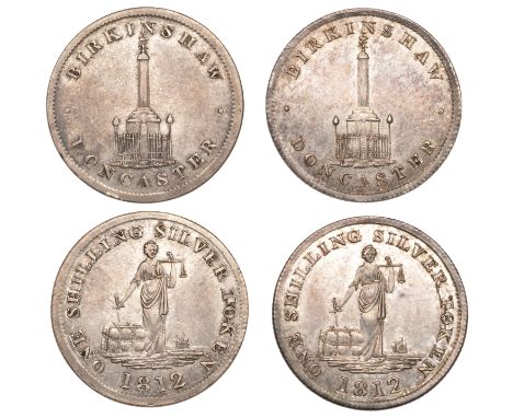 YORKSHIRE, Doncaster, Thomas Birkinshaw, Shillings, 1812 (2), monument, revs. Justice standing, 4.52g/12h, 4.42g/12h (both D 