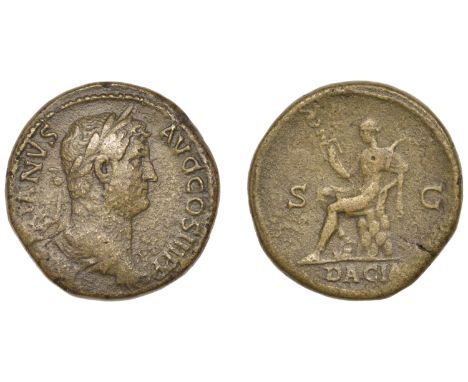 Roman Imperial Coinage, Hadrian, Sestertius, 130-3, laureate and draped bust right, rev. Dacia seated left on rocks, holding 