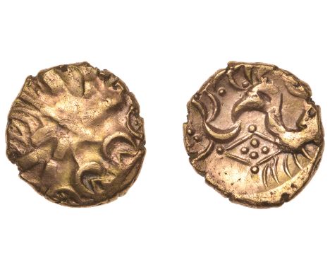 British Iron Age, CORIELTAUVI, Uninscribed issues, Stater, Kite type, devolved head of Apollo, rev. disjointed horse left, 'k