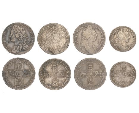 William III, Shillings (2), both 1696, first bust, Sixpence, 1696n, large crowns, early harp (S 3497, 3524); George II, Shill