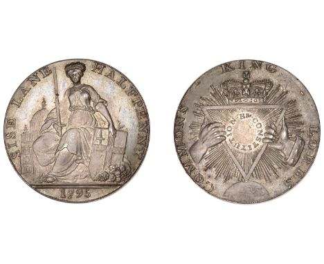 LONDON, Bucklersbury, Thomas and Robert Davidson, Proof Halfpenny, 1795, in silver, seated figure of Londinia, buildings behi