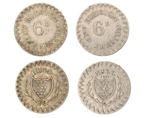 YORKSHIRE, Hull, Charles Rudston and George Preston, Sixpences, 1811 (2), arms, revs. value, 1.93g/12h, 1.87g/12h (both D 17)