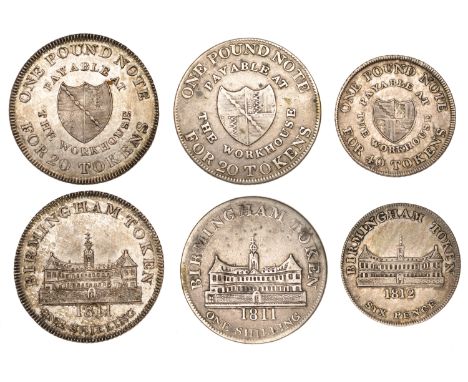WARWICKSHIRE, Birmingham, Workhouse, Shillings, 1811 (2), 4.70g/12h (D 8), 4.74g/12h (D 9), Sixpence, 1812, 2.31g/12h (D 22) 