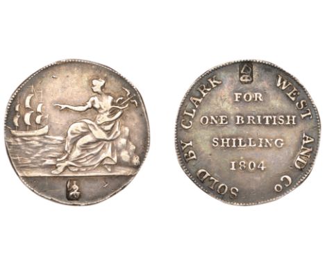 19th Century Tokens, Co DUBLIN, Dublin, Clark, West & Co, Shilling, 1804, female seated left, indicating a ship at sea, rev. 