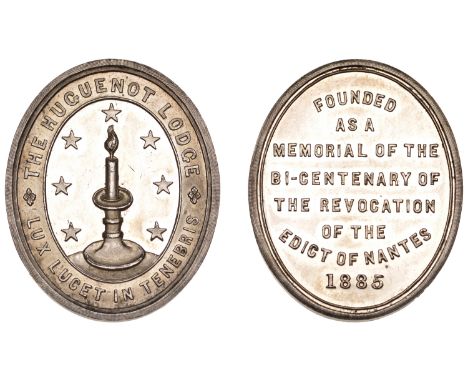 Foundation of the Huguenot Masonic Lodge, 1885, an oval silver medal, unsigned, lit candle in candlestick, seven stars around