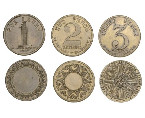 Miscellaneous Tokens and Checks, LONDON, Holborn, William Taylor, specimen or trial brass Threepence and Twopence, both with 