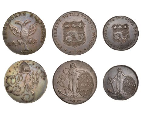 DORSET, Poole, James Bayly, Halfpenny, 1795, 9.17g/6h (DH 6a), Farthing, 1795, 4.43g/6h (DH 10); Sherborne, Pretor, Pew, Whit